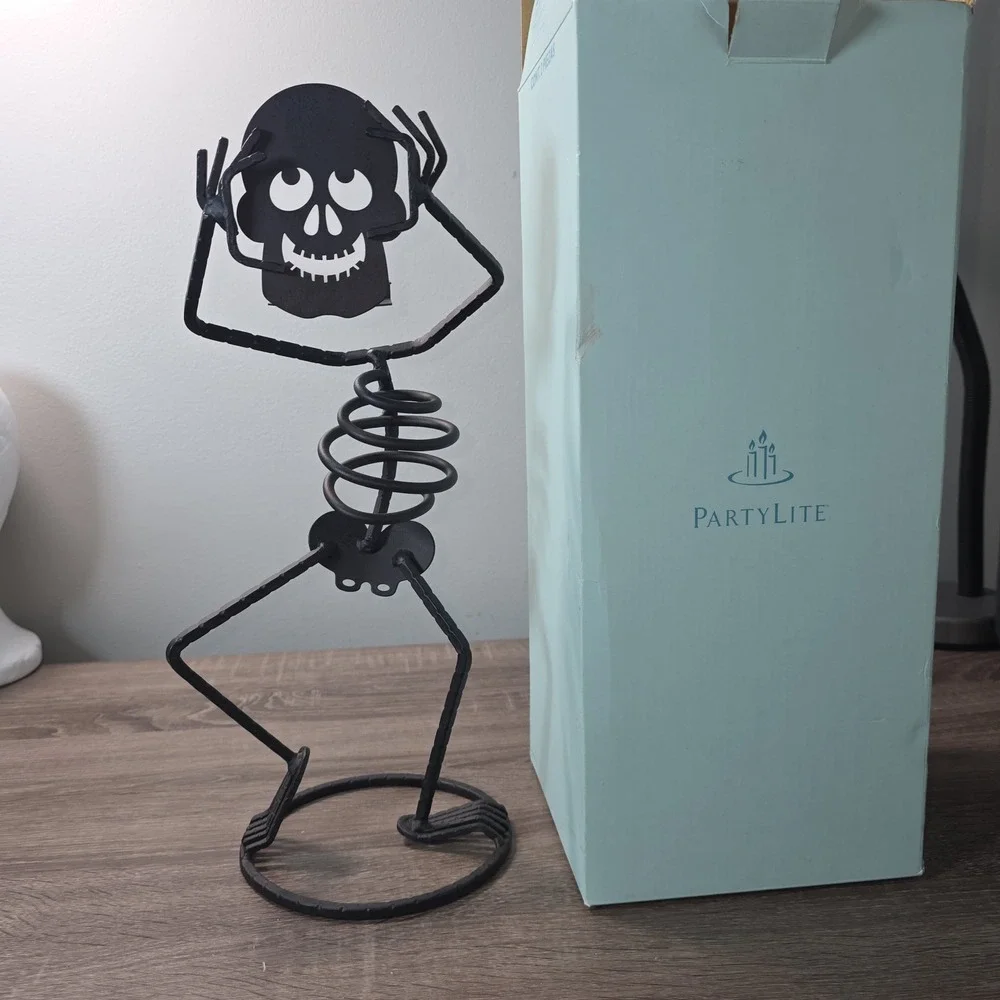 PartyLite Skully Skeleton Votive Candle Holder Black Metal Halloween Decor 15.5